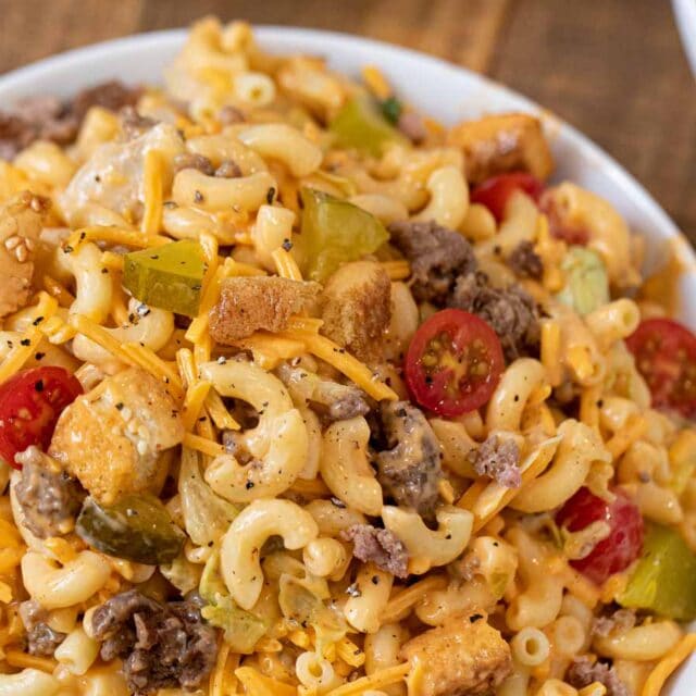 macaroni with meats, veggies, and cheese mixed up