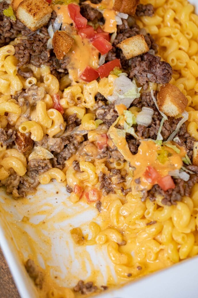 Big Mac and Cheese in baking dish with with scoop removed