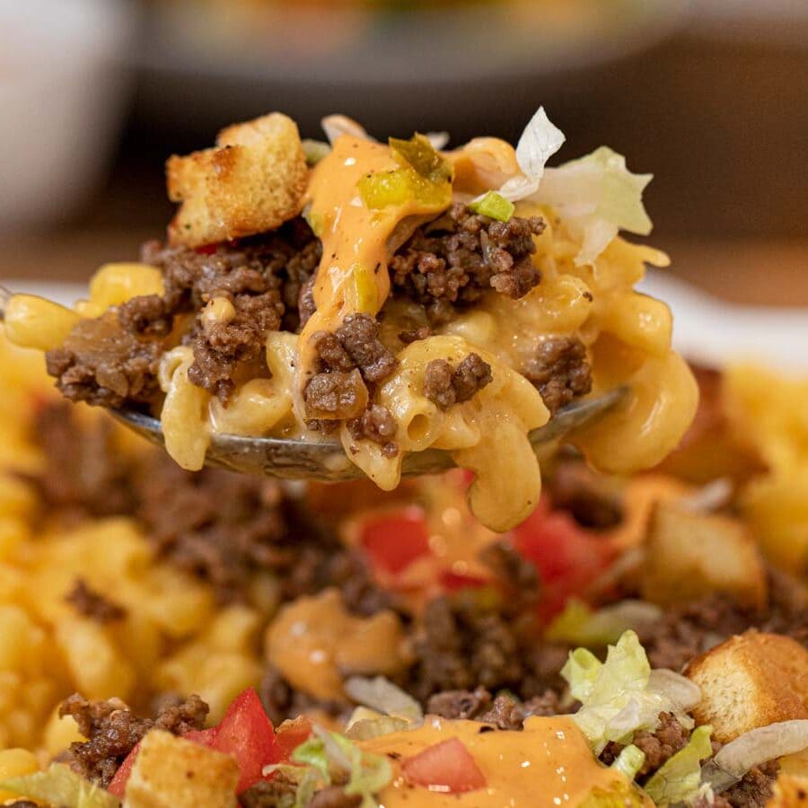 Big Mac and Cheese scoop on spoon