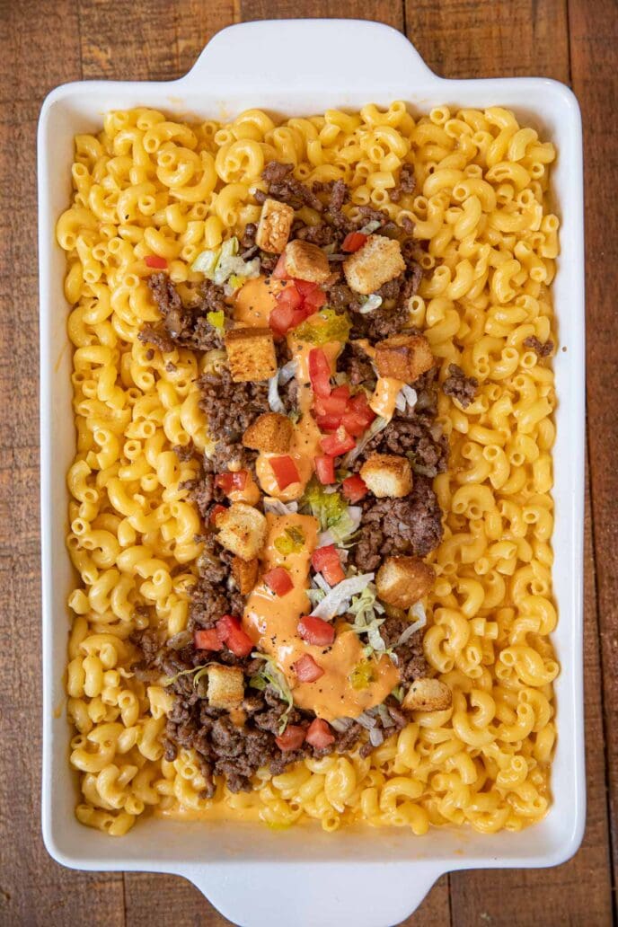 Big Mac and Cheese in baking dish