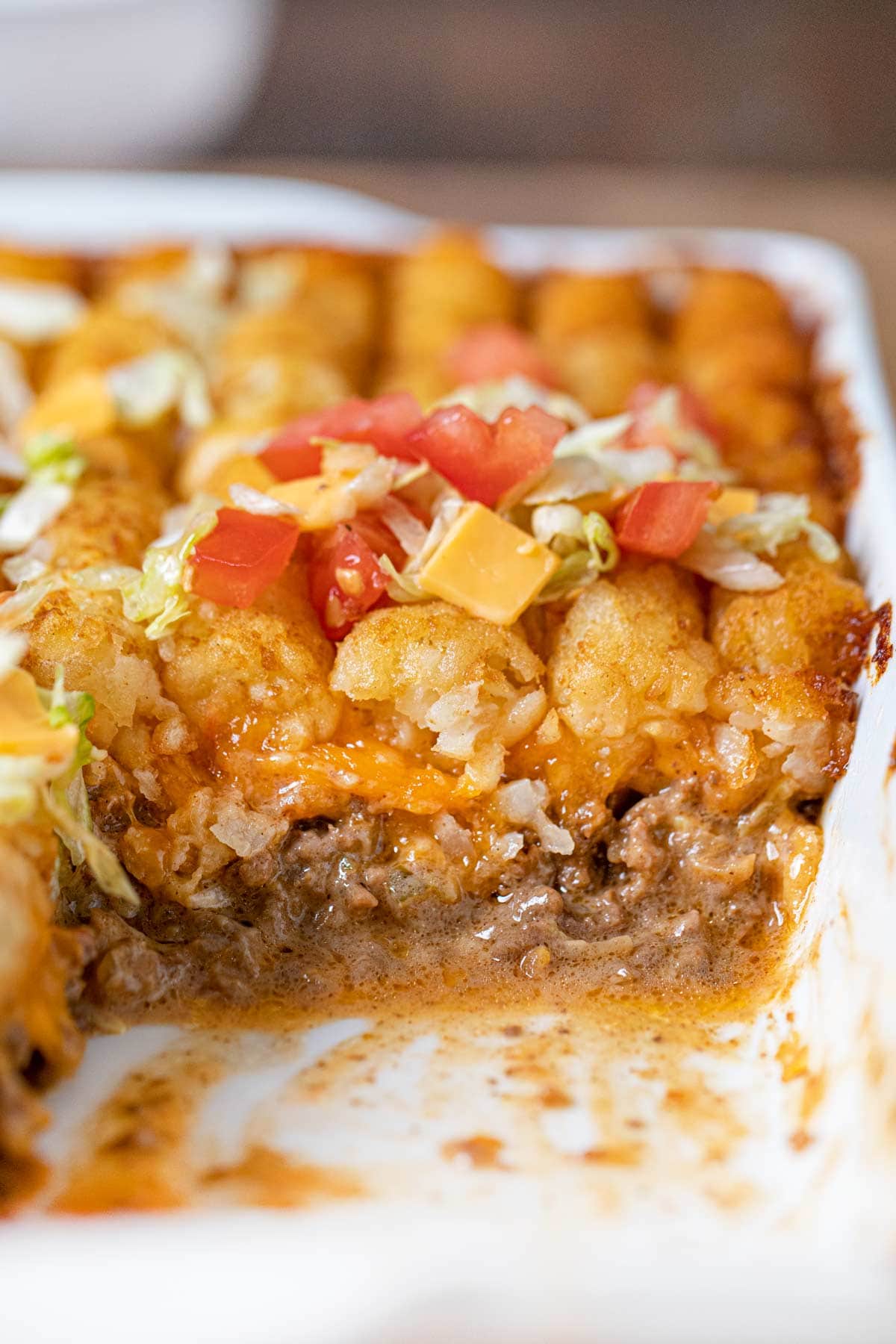 Big Mac Tater Tot Casserole in baking dish