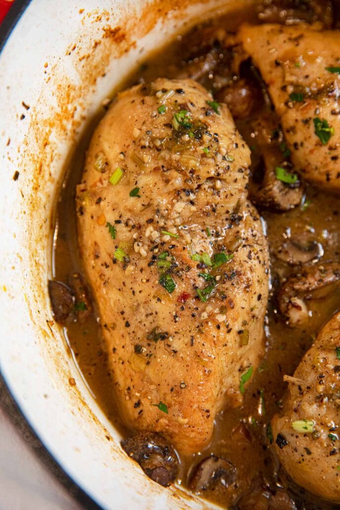 Braised Chicken Breast and Mushrooms in pot
