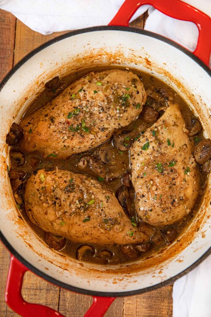 Braised Chicken Breast and Mushrooms in pot