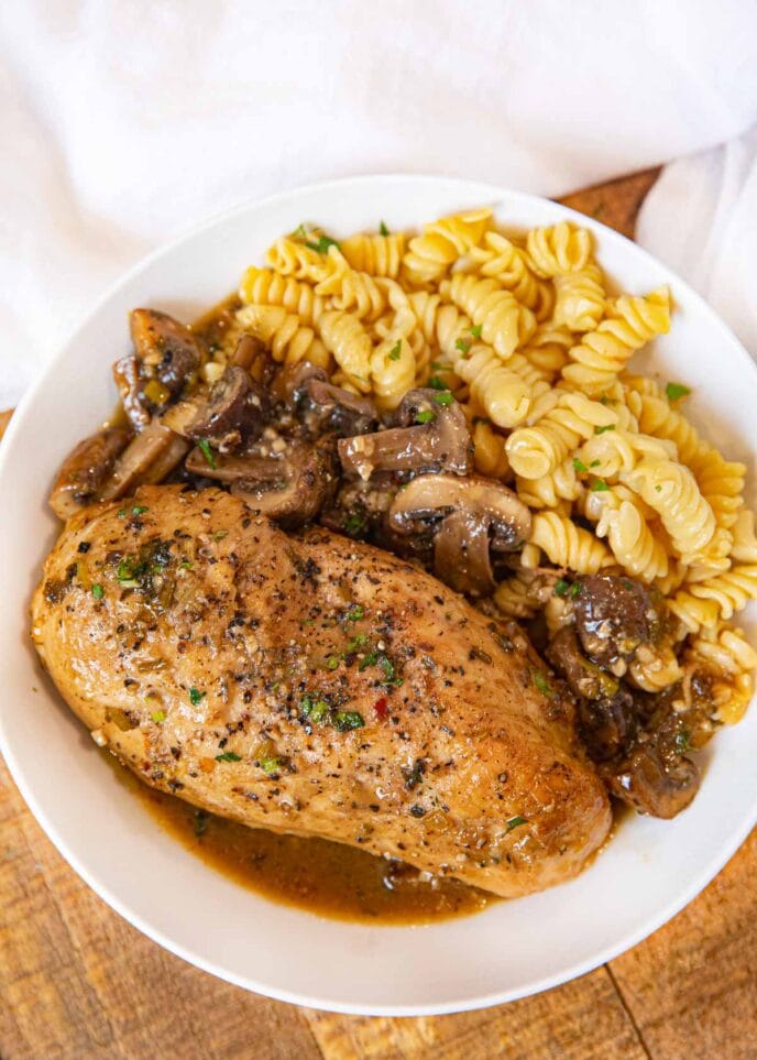 Braised Chicken Breast and Mushrooms serving on plate