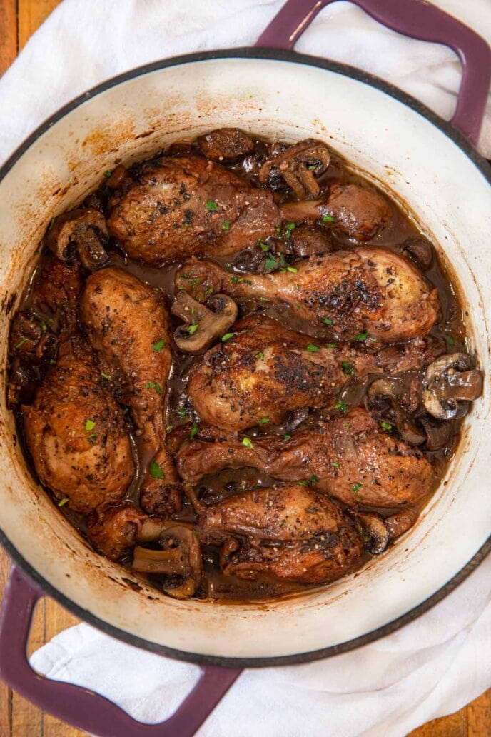 Red Wine Braised Legs with Mushrooms in pot