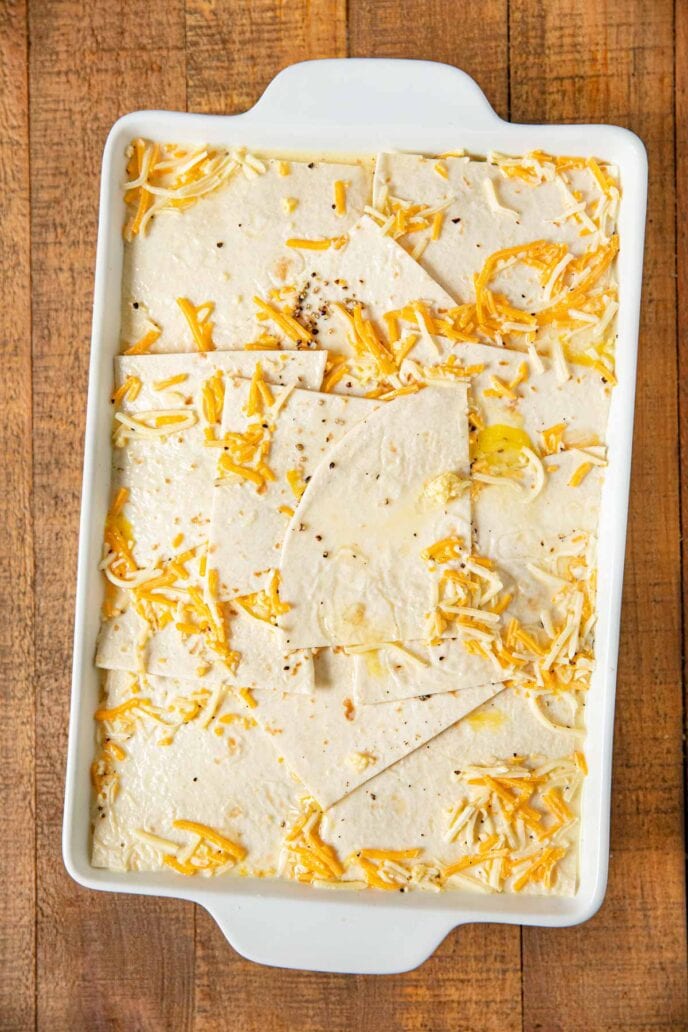 Breakfast Burrito Casserole in baking pan before cooking