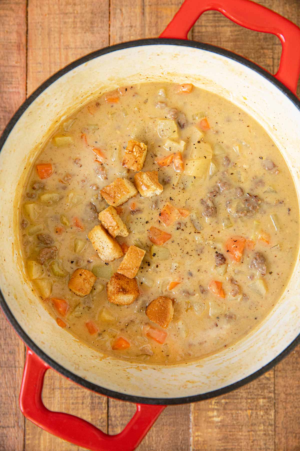 Cheeseburger Soup in Red Dutch Oven