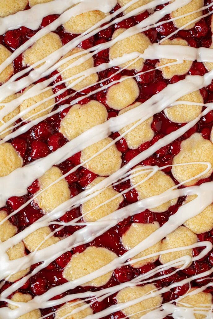 Cherry Pie Bars uncut in baking dish