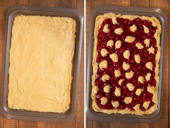 Cherry Bars uncooked crust and uncooked prepped bars in baking pan