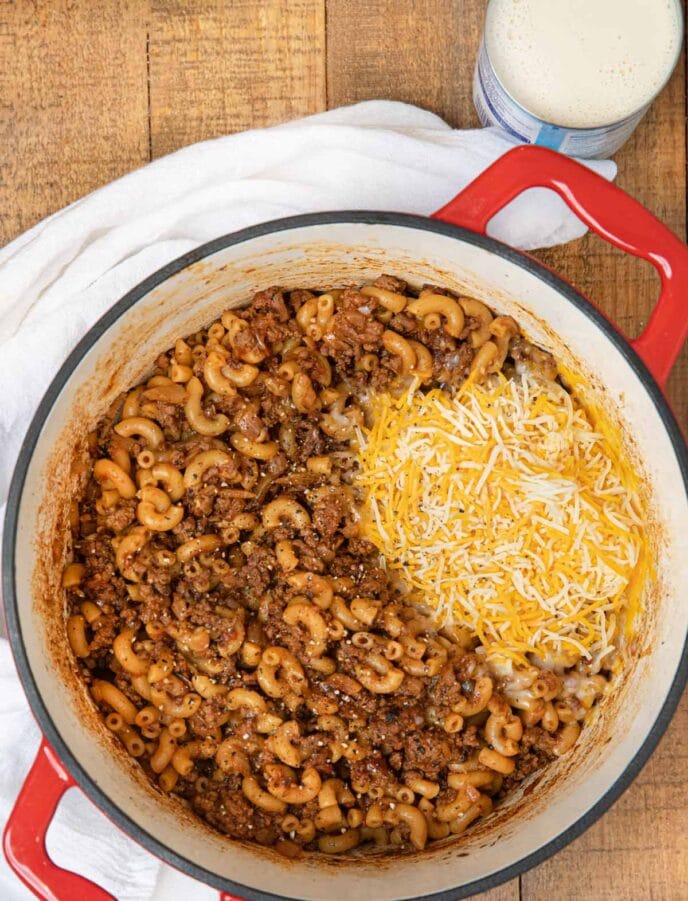 Chili Mac in pot before adding cheese and milk