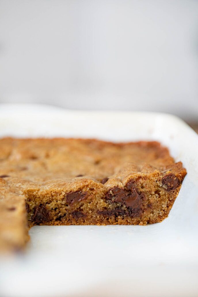Chocolate Chip Cookie Bars cross section in baking pan