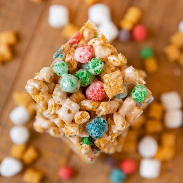 top down slice of Crunchberry Cereal Marshmallow Bars Crunchberry Cereal Marshmallow Bar