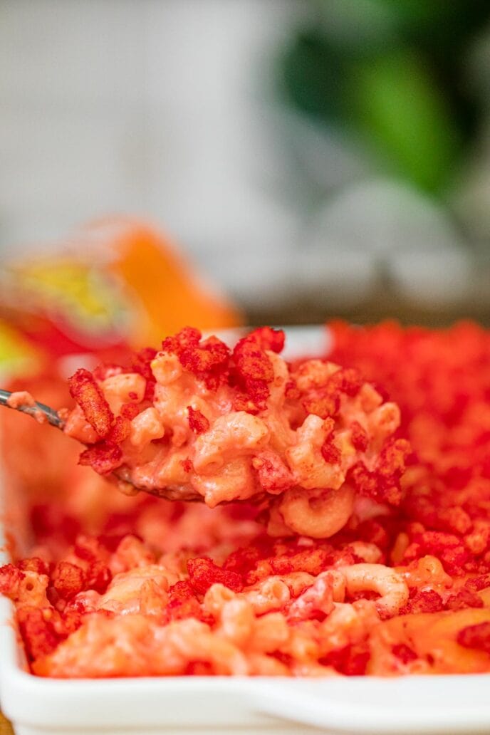 Flamin' Hot Cheetos Mac and Cheese scoop in spoon