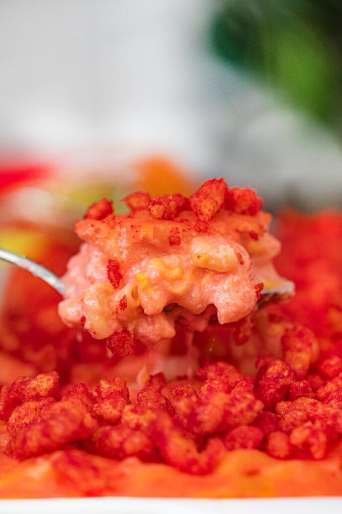 Flamin' Hot Cheetos Mac and Cheese scoop in spoon