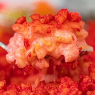 Flamin' Hot Cheetos Mac and Cheese scoop in spoon