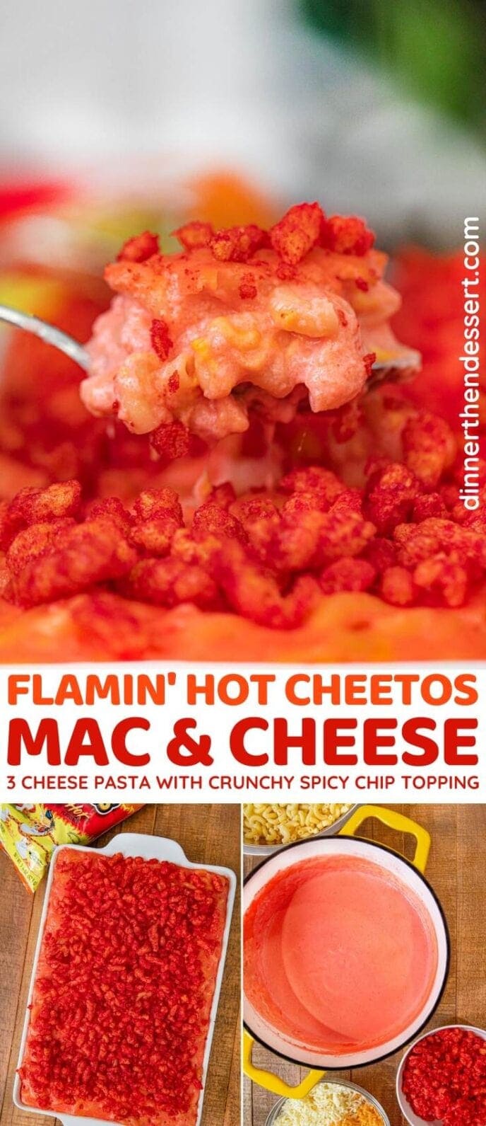 collage image of red hot mac and cheese