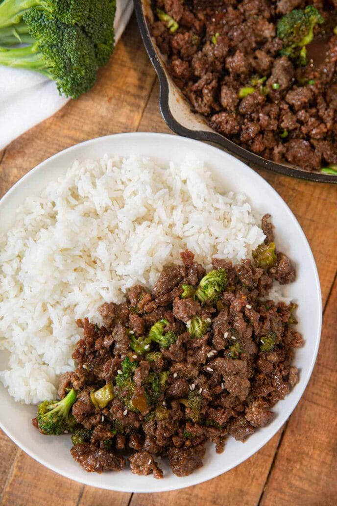 Ground Beef and Broccoli serving on plate with steamed rice