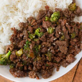 Ground Beef and Broccoli serving on plate with steamed rice