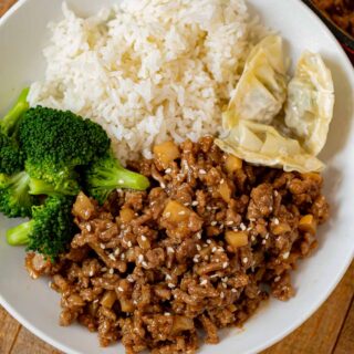 Ground Sesame Chicken, Rice and Broccoli in bowl