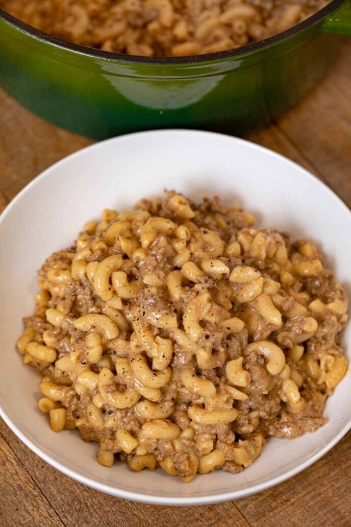 Hamburger Helper in bowl with macaroni