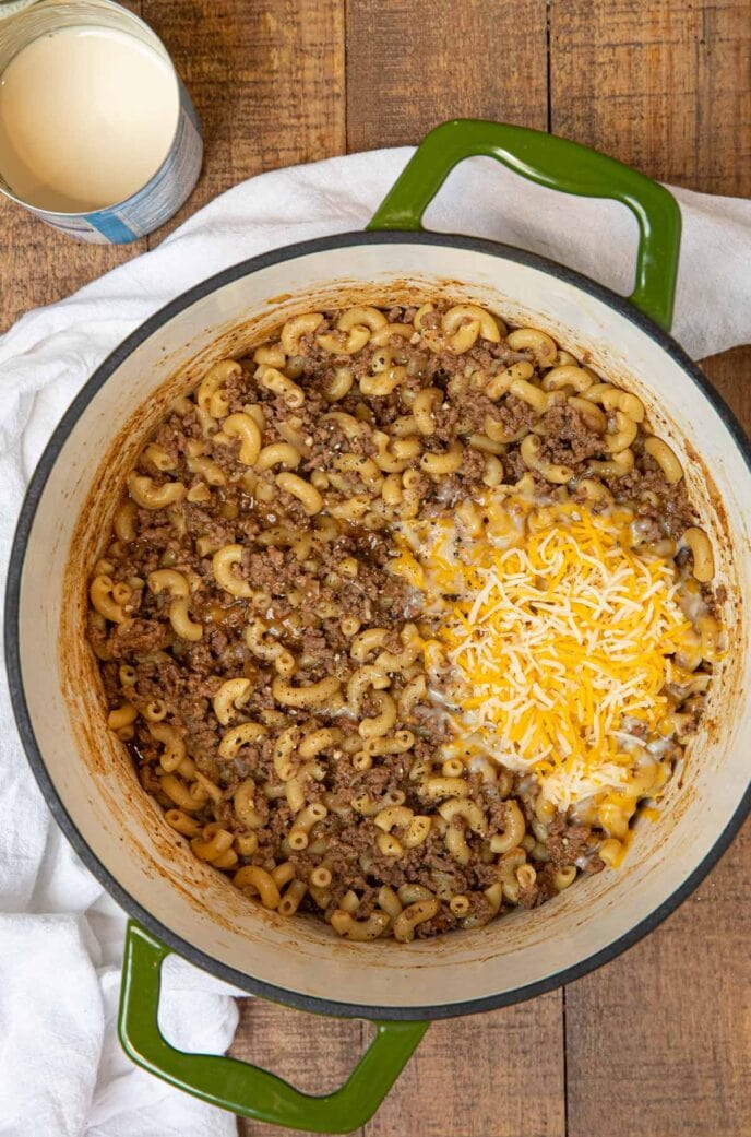 Hamburger Helper ingredients in pot