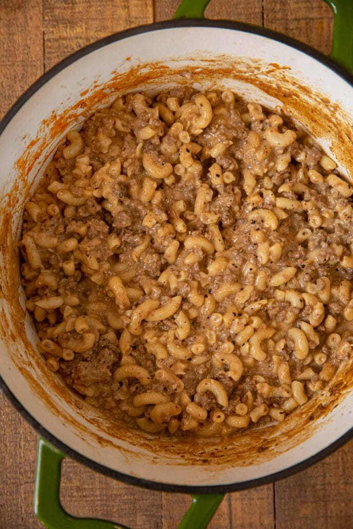 Hamburger Helper in pot with macaroni