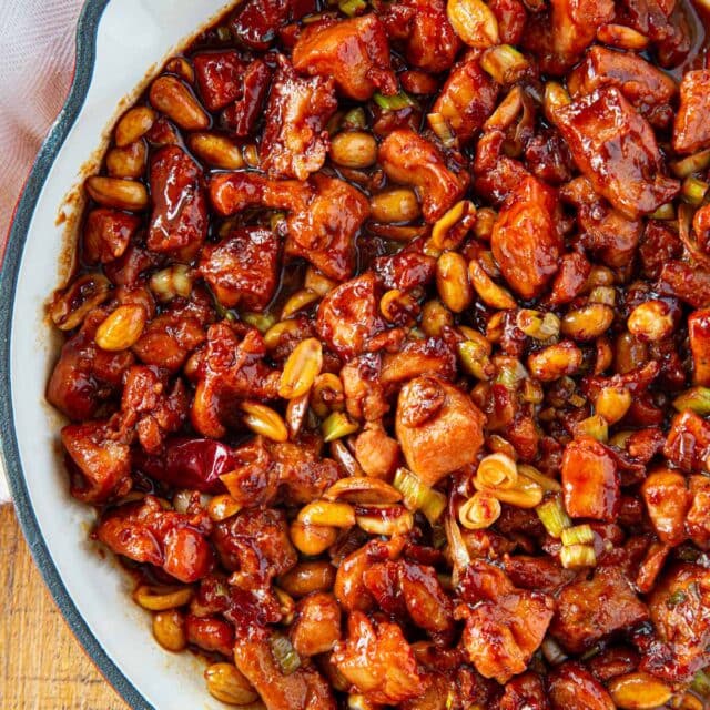 White Pan with Kung Pao Chicken with Peanuts and Chilies