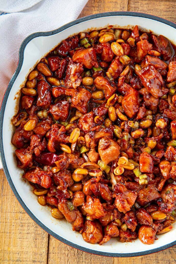 White Pan with Kung Pao Chicken with Peanuts and Chilies