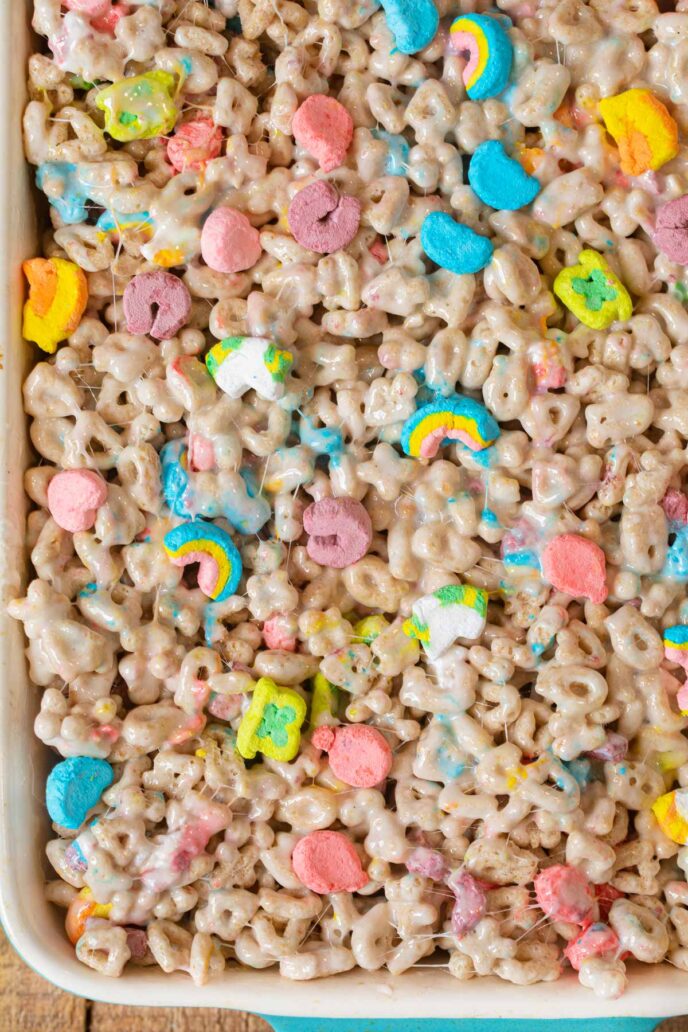 Lucky Charms Cereal Bars in baking dish