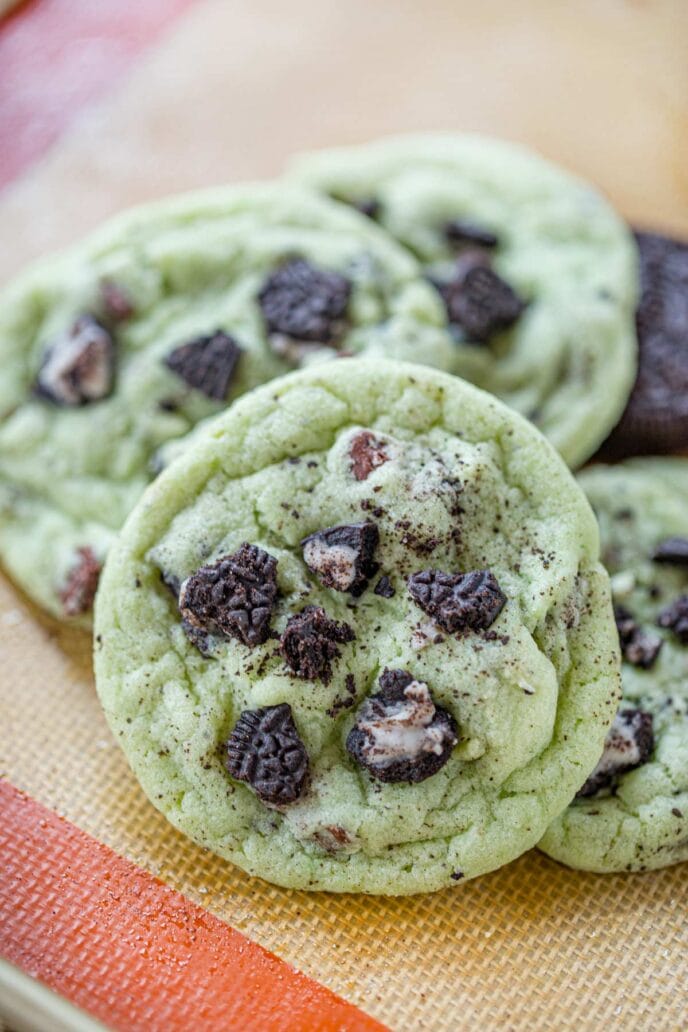 Mint Oreo Chip Cookies in a pile