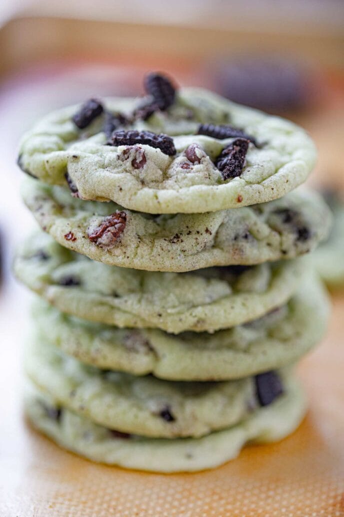 Mint Oreo Chip Cookies in stack