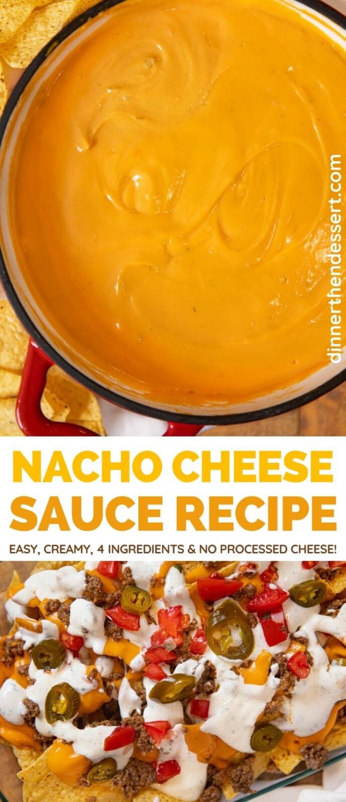 Nacho Cheese Sauce in pot and on nachos