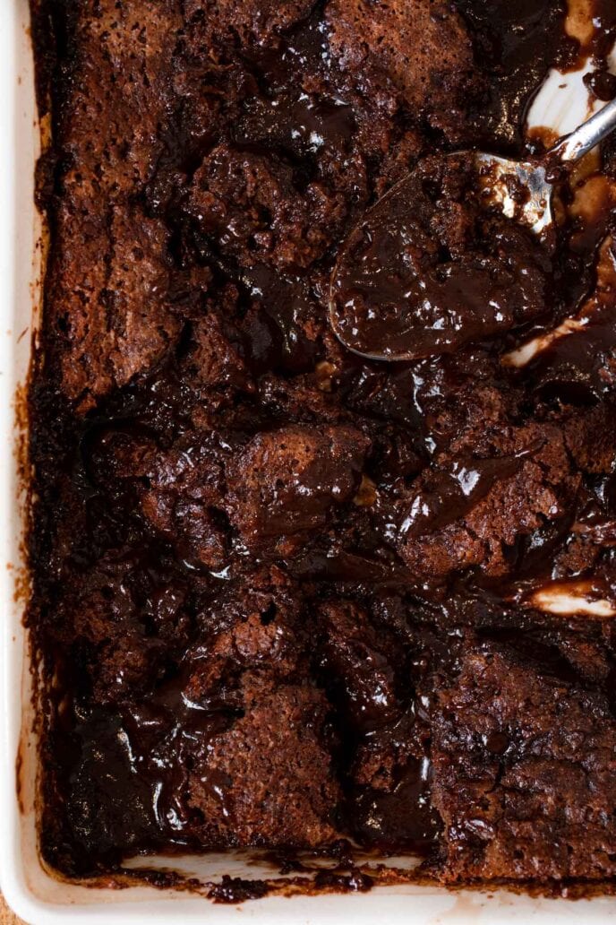 Nutella Cobbler in baking dish with scoop removed