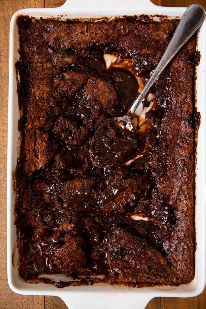 Nutella Cobbler in baking dish with scoop removed