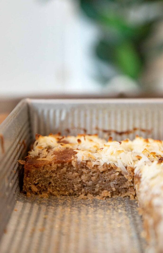 Oatmeal Sheet Cake with toasted coconut in baking pan