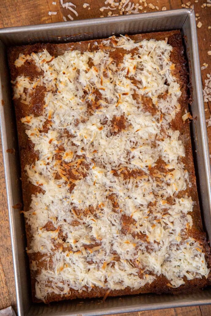 Oatmeal Coconut Cake in baking pan, top-down view