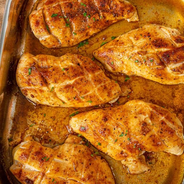 Oven Baked Rotisserie Chicken Breasts in roasting pan