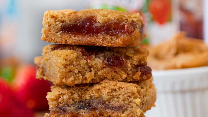 PB&J Blondies in stack, close up