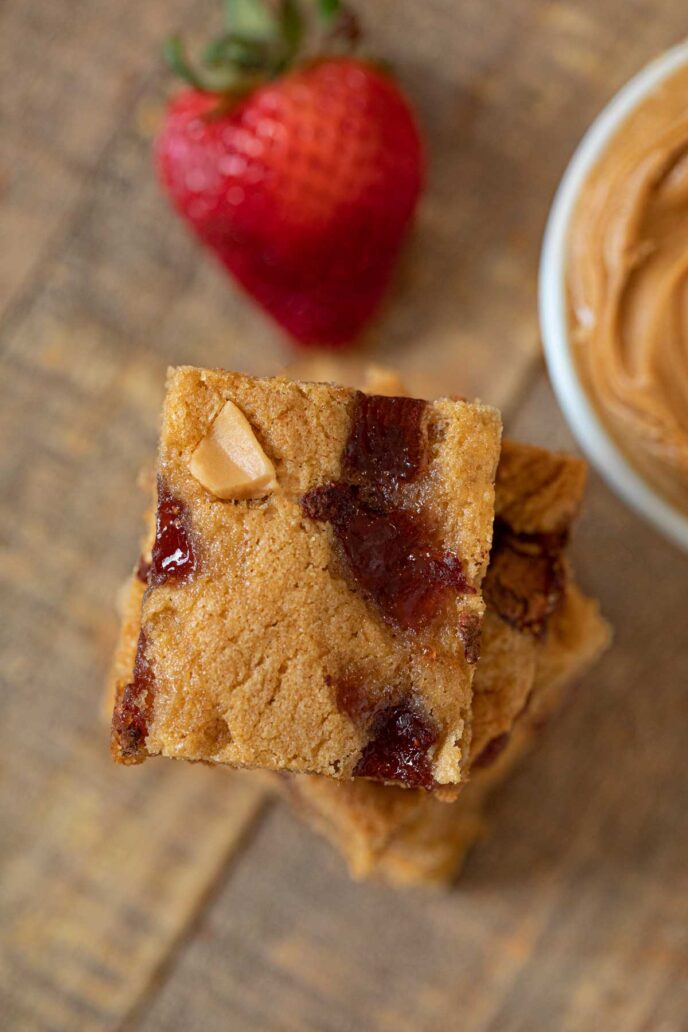 Peanut Butter & Jelly Blondies in stack, top down