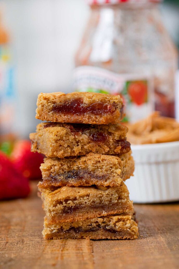 Peanut Butter and Jelly Blondies in stack