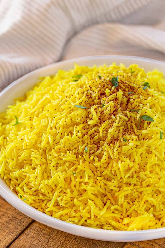 Persian Rice up close in large white bowl