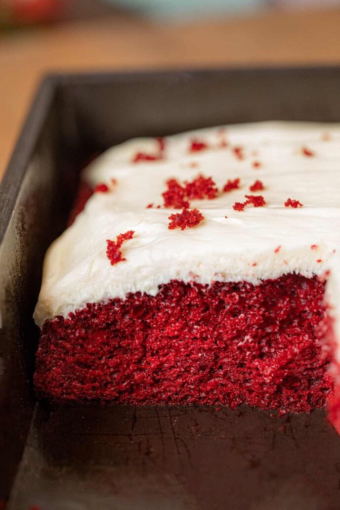 Red Velvet Sheet Cake in baking pan, cross-section