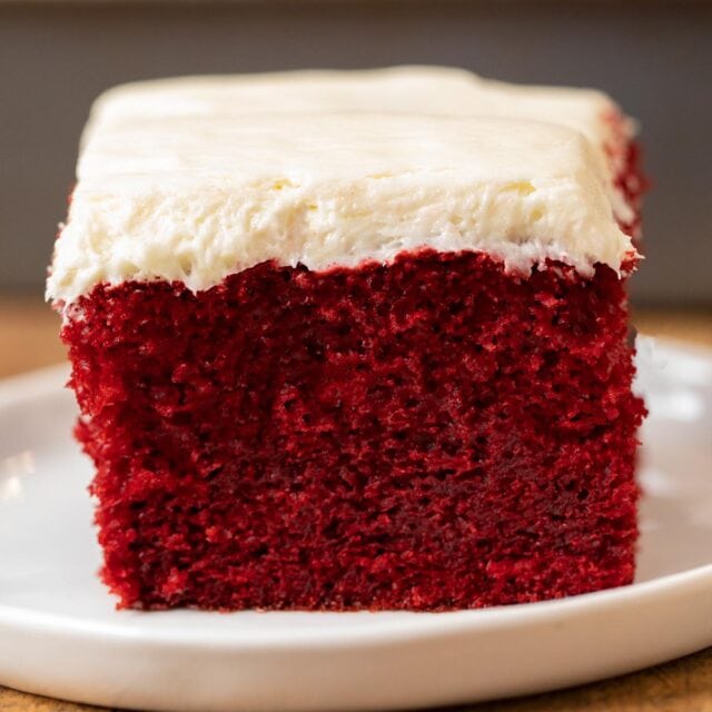 Red Velvet Sheet Cake slice on plate