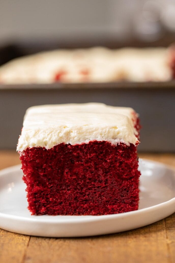 Red Velvet Sheet Cake slice on plate