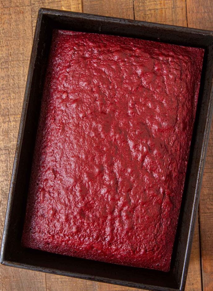 Red Velvet Sheet Cake in baking pan without frosting