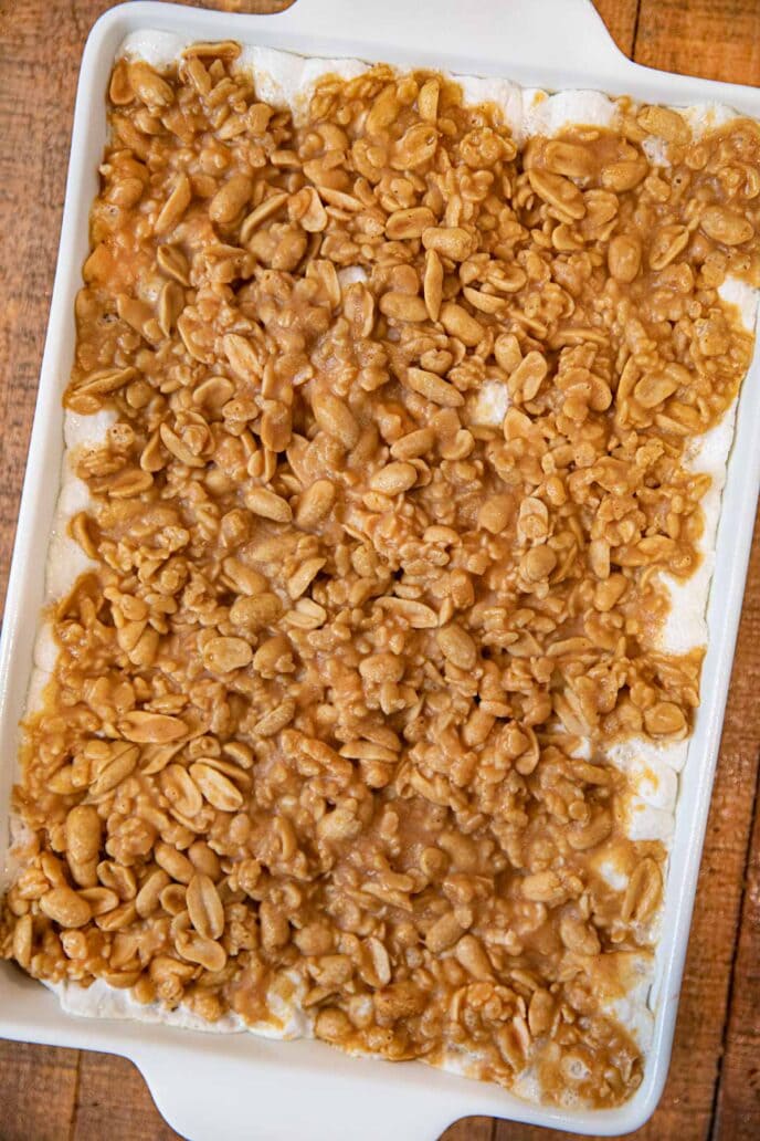 Salted Peanut and Marshmallow chews in baking dish