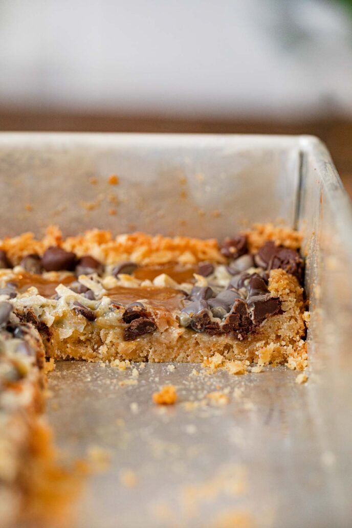 Samoas Layer Bars cross section in baking dish