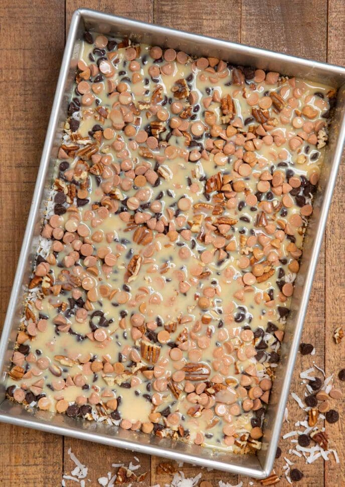 Seven Layer Bars in baking dish before baking