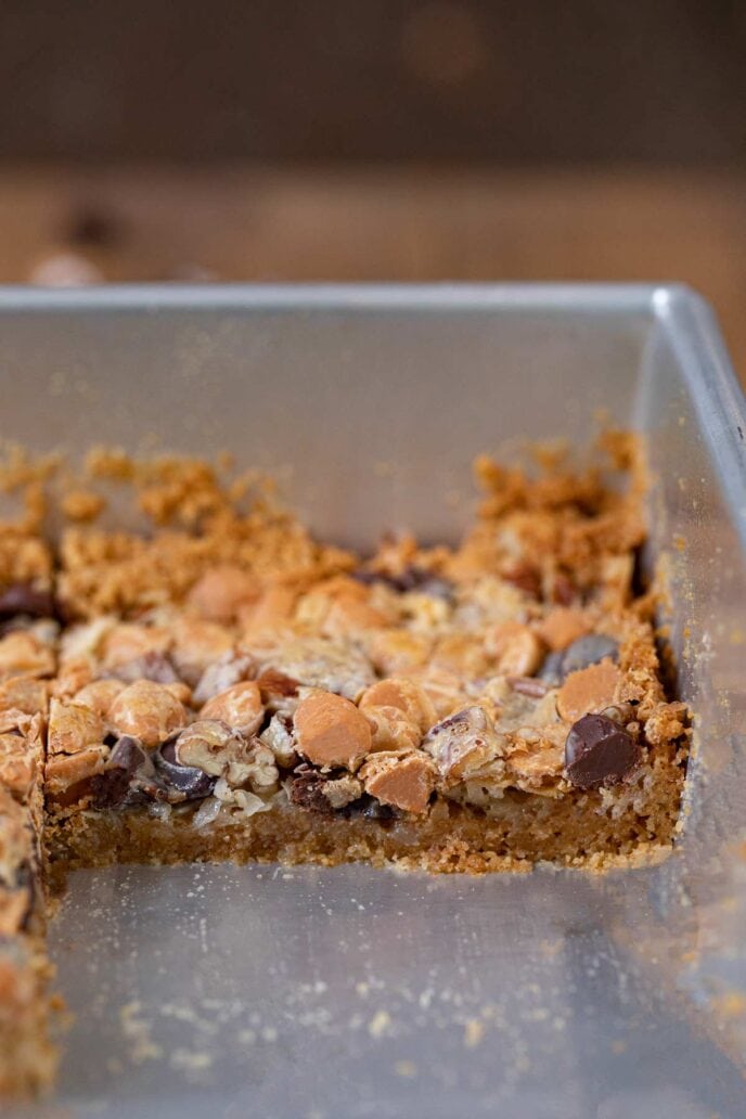 Seven Layer Bars in baking dish, cross-section