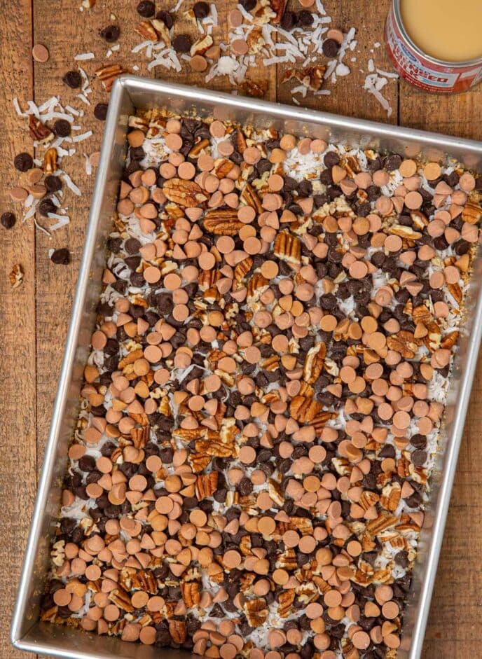 Seven Layer Bars in baking dish before baking
